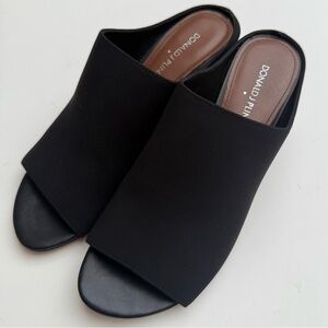 Donald J Pliner Black Mules Peep Toe Block Heel Leather Sole, Size 7
